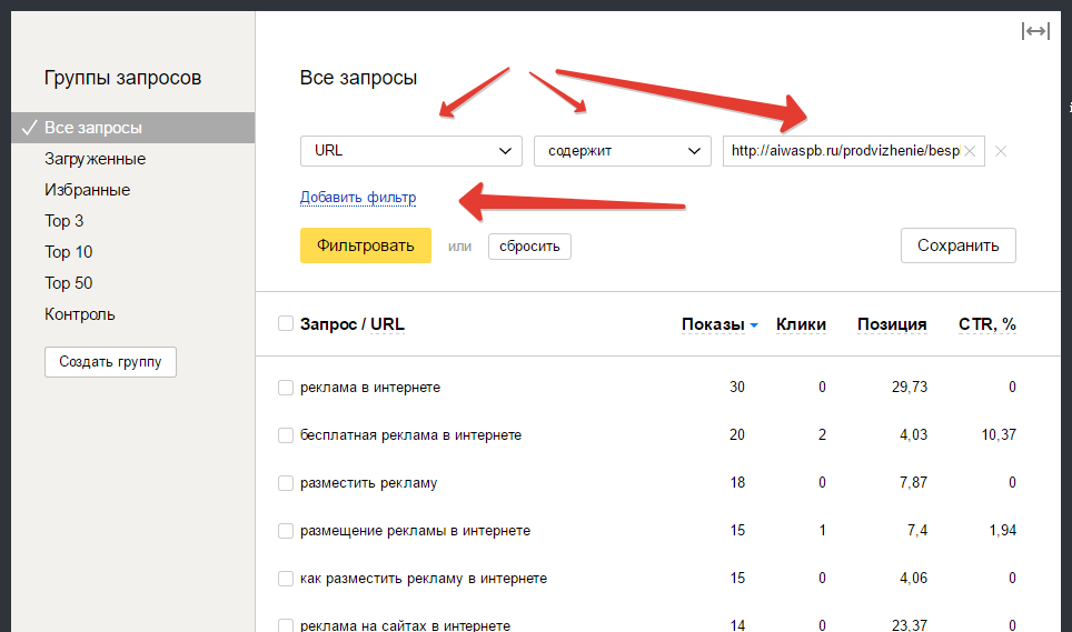 фильтр запросов и позиций по URL